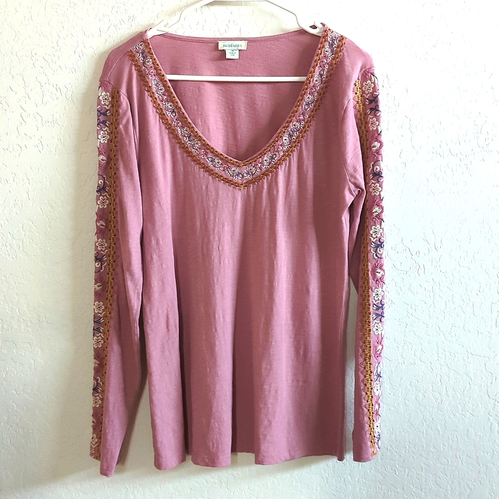 Sundance Embroidered, Beaded, Long Sleeve, Low V Neck top. M